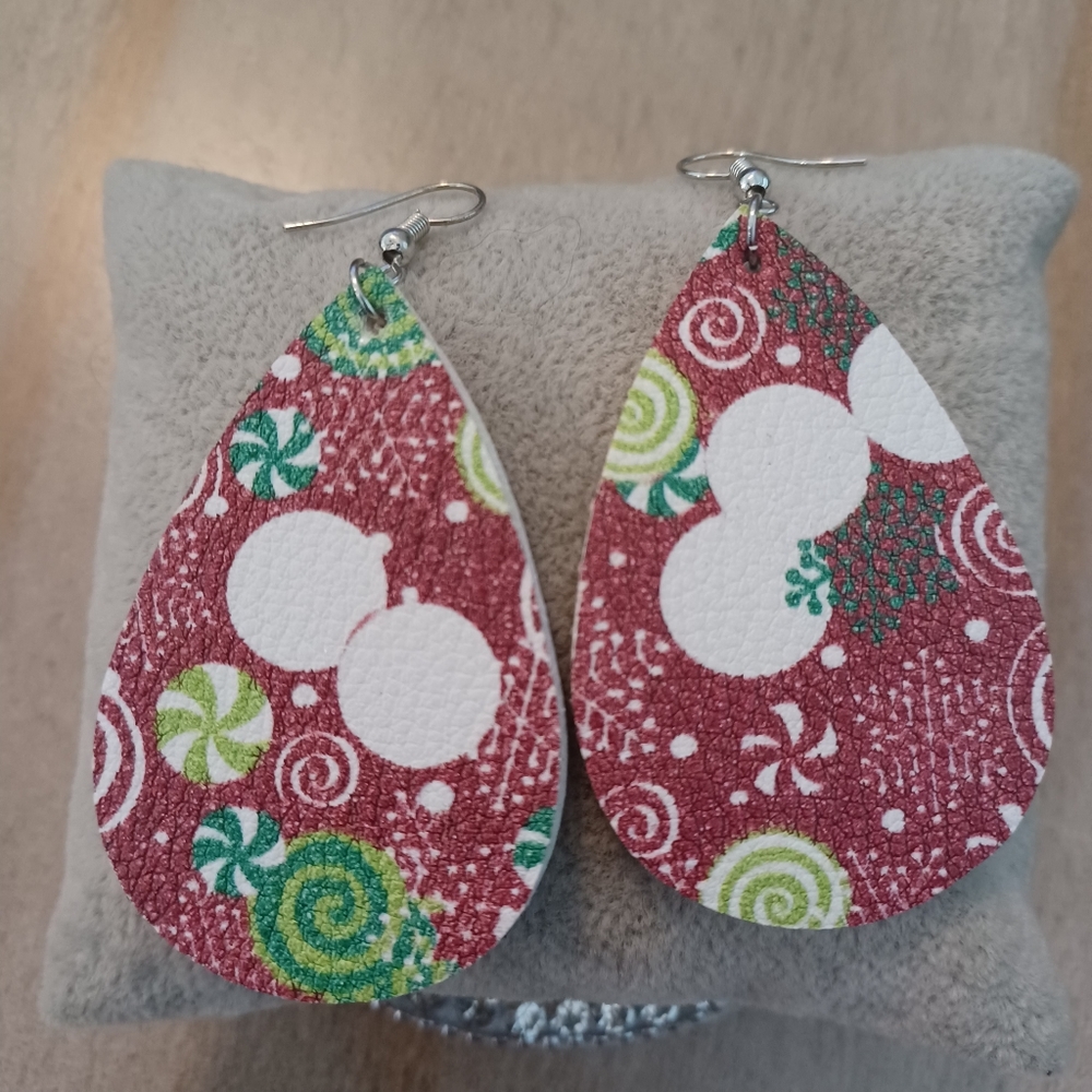 Burgundy Leather Teardrop Holiday Candy Ornaments Dangle Drop Earrings - Picture 1 of 5
